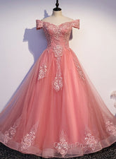 Charming Pink Off Shoulder Lace Applique Sweetheart Party Dresses, Pink Evening Prom Dresses