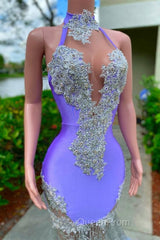 Charming Purple Long Mermaid Halter Satin Tulle Evening Prom Dresses