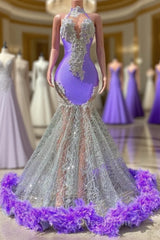 Charming Purple Long Mermaid Halter Satin Tulle Evening Prom Dresses
