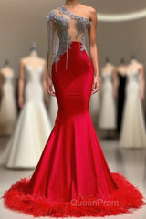 Charming Red Long Mermaid Tassel One Shoulder Satin Backless Evening Prom Dresses