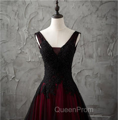 Charming Sleeveless Black and Red Lace Appliques Beaded Party Dresses, Low Back Evening Prom Dresses