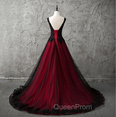 Charming Sleeveless Black and Red Lace Appliques Beaded Party Dresses, Low Back Evening Prom Dresses