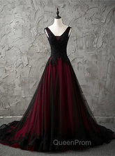 Charming Sleeveless Black and Red Lace Appliques Beaded Party Dresses, Low Back Evening Prom Dresses