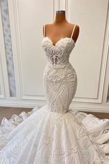 Charming Sleeveless Spaghetti Straps Mermaid Wedding Dresses with Ruffles