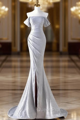 Charming Sliver Mermaid Party Dresses, Sliver Off Shoulder Long Evening Prom Dresses With Leg Slit