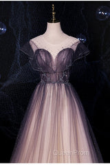 Charming Tulle Gradient Cap Sleeves Long Party Dresses, A-Line Evening Gown