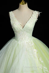 Charming Tulle Lace Green Evening Prom Dresses, V-Neck Sleeveless Floor-Length Evening Dresses