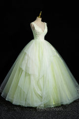 Charming Tulle Lace Green Evening Prom Dresses, V-Neck Sleeveless Floor-Length Evening Dresses