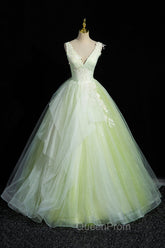 Charming Tulle Lace Green Evening Prom Dresses, V-Neck Sleeveless Floor-Length Evening Dresses