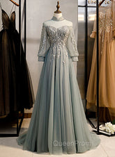 Charming Tulle Long Sleeves Beaded and Lace Long Party Dresses, A-line Tulle Evening Gown