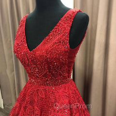 Charming V-neck Sleeveless Evening Prom Party Gowns| Affordable Red Lace Beading Long Evening Prom Gown