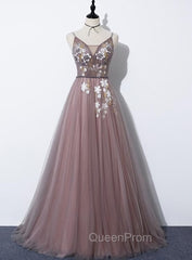 Charming V-neckline Flowers Dark Pink Evening Prom Gown, Long Evening Dresses
