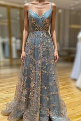 Charming V-Necklinetulle Sequins Long Evening Prom Dresses, V-Neck Backless Formal Dresses