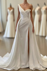 Charming White Long Mermaid One Shoulder Satin Beading Formal Evening Prom Dresses