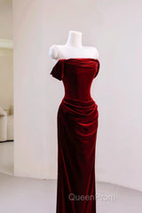 Charming Wine Red Mermaid Off Shoulder Velvet Formal Dresses, Wine Red Long Evening Prom Dresses