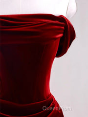 Charming Wine Red Mermaid Off Shoulder Velvet Formal Dresses, Wine Red Long Evening Prom Dresses