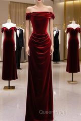 Charming Wine Red Mermaid Off Shoulder Velvet Formal Dresses, Wine Red Long Evening Prom Dresses