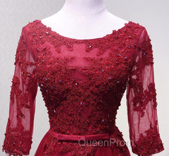 Charming Wine Red Short Sleeves Lace Applique Wedding Party Dresses, Evening Gown