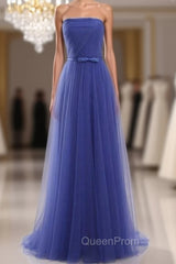 Cheap Blue Tulle Strapless Long Simple Evening Prom Dresses With Bow