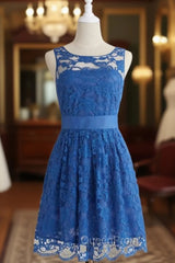 Cheap bridesmaid Dresses,Bridesmaid Dresses, Simple Royal Blue Scoop Lace Short Knee Length