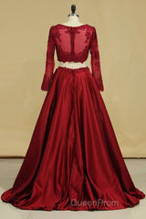 Cheap Burgundy Two-Piece Evening Prom Dresses A Line Satin Lace Applique
