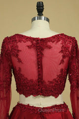 Cheap Burgundy Two-Piece Evening Prom Dresses A Line Satin Lace Applique