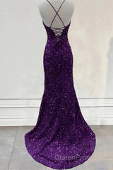Cheap Dark Purple Evening Prom Dresses Sequin Mermaid Formal Evening Dresses Split
