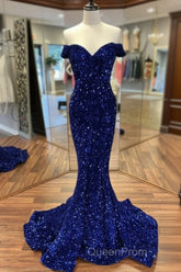 Cheap Long Formal Dresses Royal Blue Evening Prom Dresses Sequins Mermaid