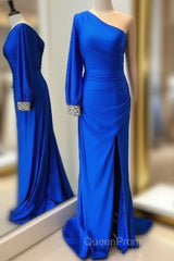 Cheap Mermaid One Shoulder Evening Prom Dresses Royal Blue Long Sleeve Party Dresses