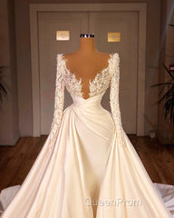 Chic A-Line Cathedral V-Neck Long Wedding Dresses With Long Sleeves