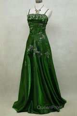 Chic A Line Spaghetti Straps Green Satin Evening Dresses Long Evening Prom Dresses