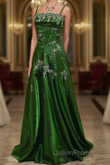 Chic A Line Spaghetti Straps Green Satin Evening Dresses Long Evening Prom Dresses