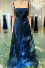Chic A Line Spaghetti Straps Navy Blue Tulle Evening Dresses Long Evening Prom Dresses