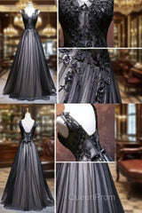 Chic A-Line V-Neck Floor Length Tulle Black Applique Long Evening Prom Dresses Evening Dresses