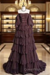 Chic Ball Gown Off The Shoulder Long Sleeves Evening Dresses Tulle Long Evening Prom Dresses