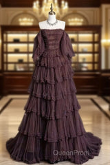 Chic Ball Gown Off The Shoulder Long Sleeves Evening Dresses Tulle Long Evening Prom Dresses