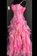 Chic Ball Gown Spaghetti Straps Pink Satin Evening Dresses Long Evening Prom Dresses With Embroidered