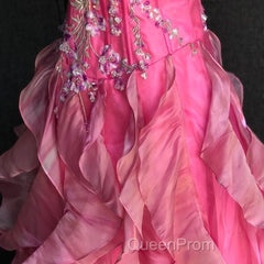 Chic Ball Gown Spaghetti Straps Pink Satin Evening Dresses Long Evening Prom Dresses With Embroidered