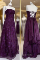 Chic Ball Gown Strapless Grape Tulle Evening Dresses Long Evening Prom Dresses