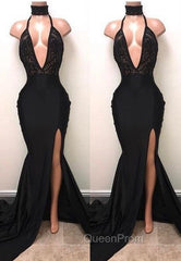 Chic Black High Neck Lace Front Split Mermaid Evening Prom Party Gowns