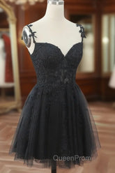 Chic Black Lace Straps Tulle Short Party Drss, Black Sweetheart Homecoming Dresses