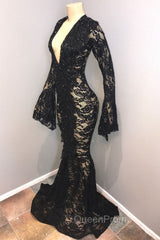 Chic Black Lace V-neck Long Sleevess Mermaid Evening Prom Dresses Sheer Floor Length Evening Gowns