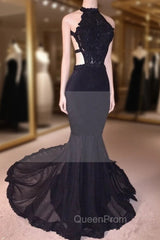 Chic Black Open Back Lace Evening Prom Dresses Sleeveless See Through Tulle Evening Gown