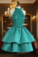 Chic Green Satin and Lace Layers Homecoming Dresses, New Homecoming Dresses