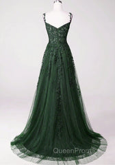 Chic Green Straps Tulle with Lace Party Dresses, A-line Sweetheart Floor Length Evening Prom Dresses