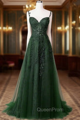 Chic Green Straps Tulle with Lace Party Dresses, A-line Sweetheart Floor Length Evening Prom Dresses