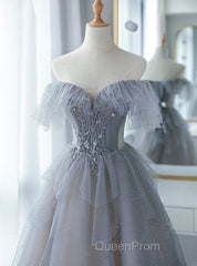 Chic Grey Beaded Layers Tulle Long Formal Dresses, Grey Off Shoulder Evening Prom Dresses