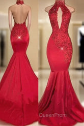 Chic Halter Mermaid Evening Prom Party GownsLong With Lace Appliques
