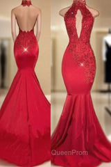 Chic Halter Mermaid Evening Prom Party GownsLong With Lace Appliques