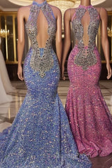 Chic Halter Sleeveless Mermaid Evening Prom Dresses With Beading